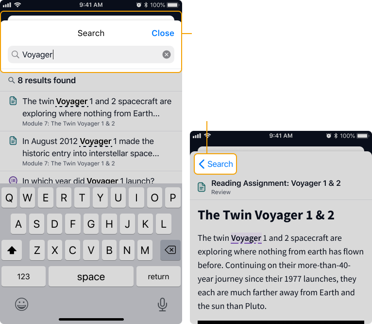 Bottom sheet search experience showing content view with back button